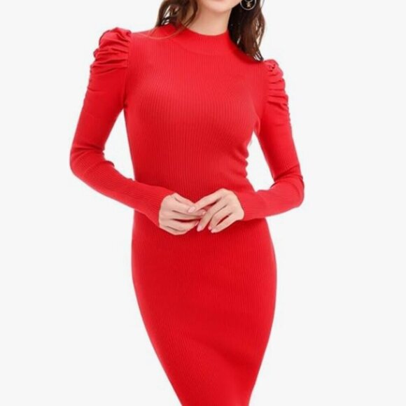 Almost Famous Dresses & Skirts - Almost Famous Women's Sweater Ribbed Puff Bodycon Midi Dress Mock Neck Modest X